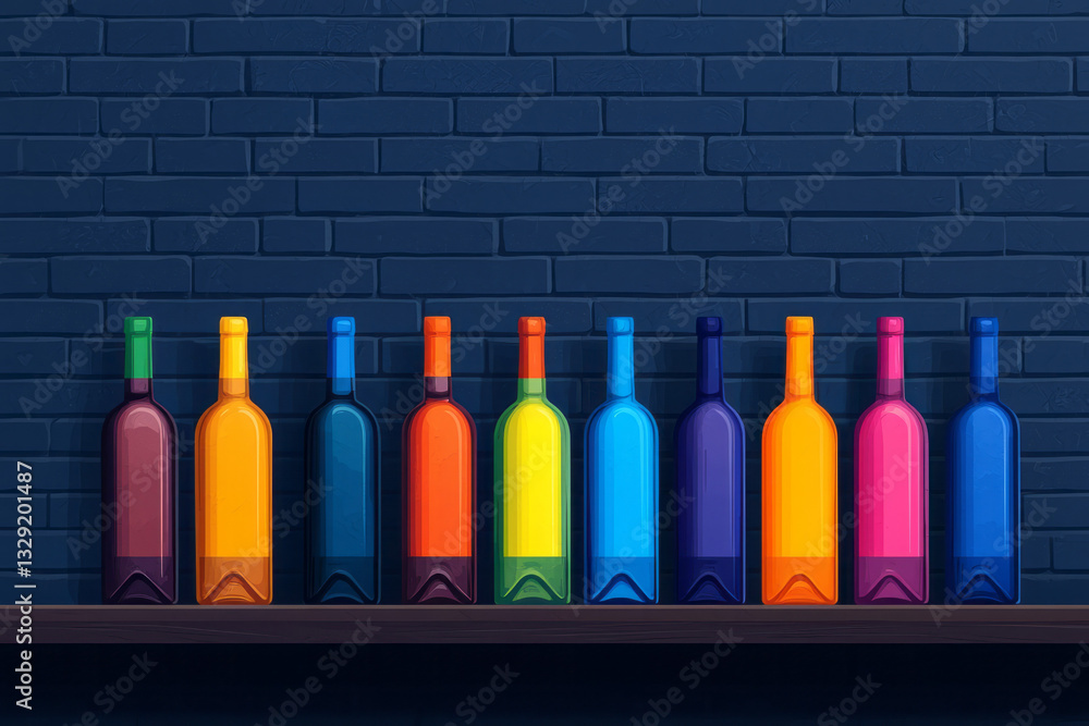 Poster a row of assorted wine bottles standing in a neat line on a sturdy wooden shelf, the warm glow of