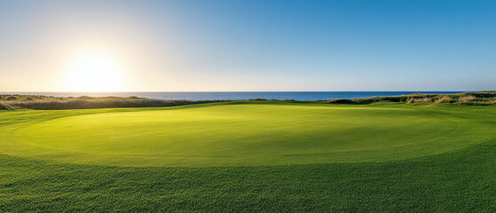 panoramic view of golf course under bright sunlight with clear blue sky, showcasing lush green grass and serene ocean backdrop