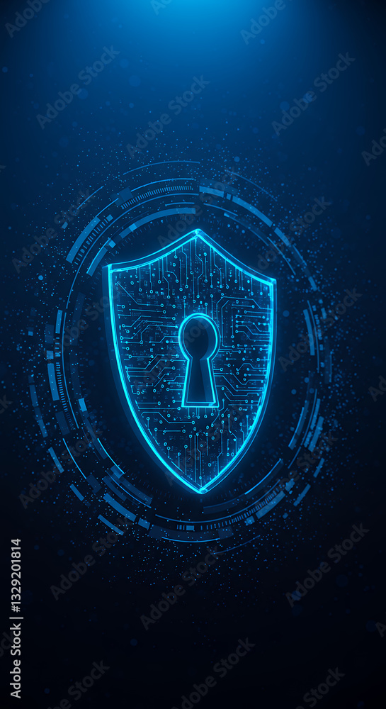 Poster digital shield: cyber security, data protection & network safety tech. keyhole security.