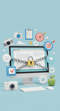 Data Security: Locked Computer with Chains, Padlock, Tech & Marketing Icons - Secure Website, Cyber Safety, Protection, Firewall, Privacy