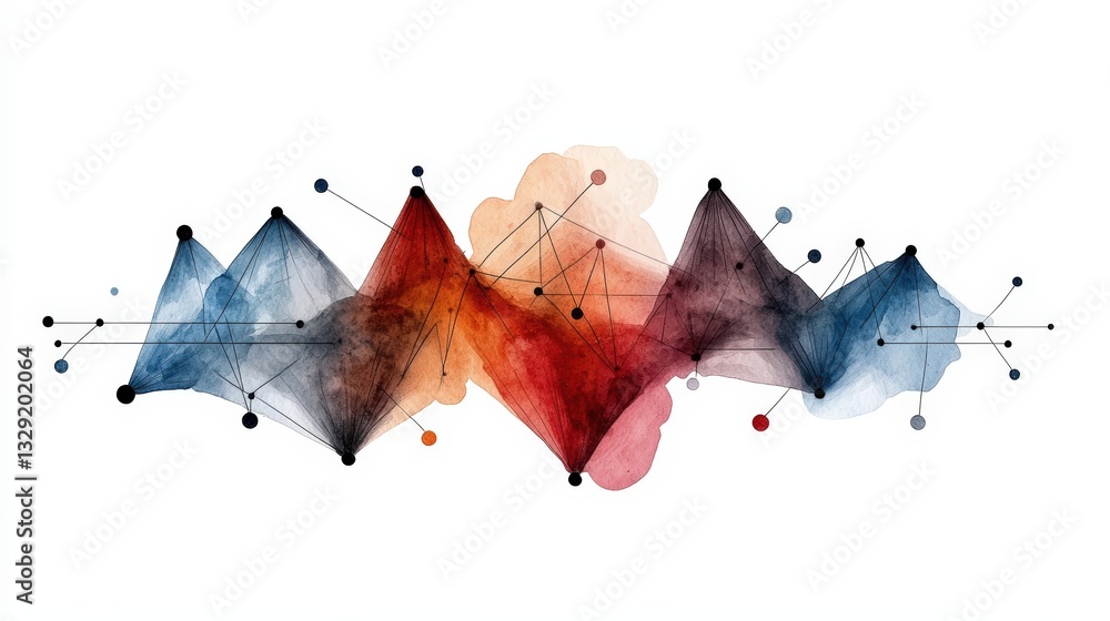 Poster abstract geometric pattern with colorful watercolor splashes and connected lines, perfect for modern