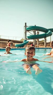 Happy child in the pool at a water park