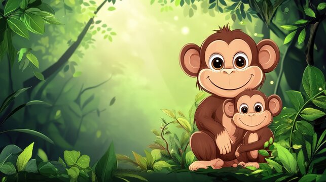 An enchanting illustration showcases a tender moment between a mother and her baby monkey amidst a vibrant, lush green forest. The scene captures both their front and back views, with the adorable inf