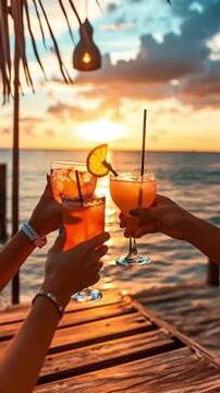 Hands toasting with cocktails at sunset by the sea