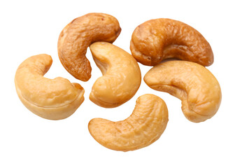 Top view set of salt baked brown cashew nuts isolated and generated with AI in png file format
