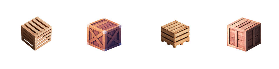 A grid like arrangement of various wooden crates boxes and cargo containers in shades of brown red and orange creating a minimalist and industrial style composition