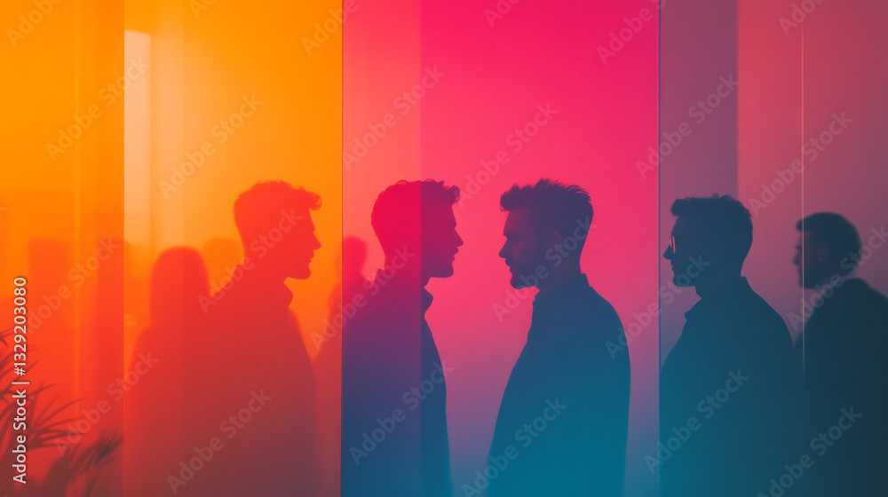 Poster a half-obscured angle from behind a glass partition, the teamâ€™s forms and gestures visible in