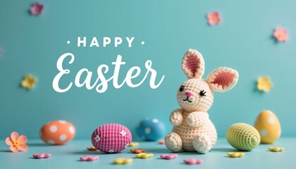 Happy Easter with Crochet Bunny and Eggs, Spring Holiday