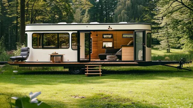 White camper trailer opens its side door, revealing a cozy interior