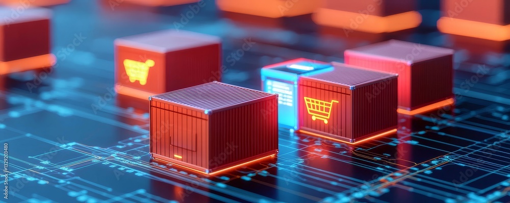 Poster e-commerce and dropshipping concept. digital circuit board with glowing microchips representing tech