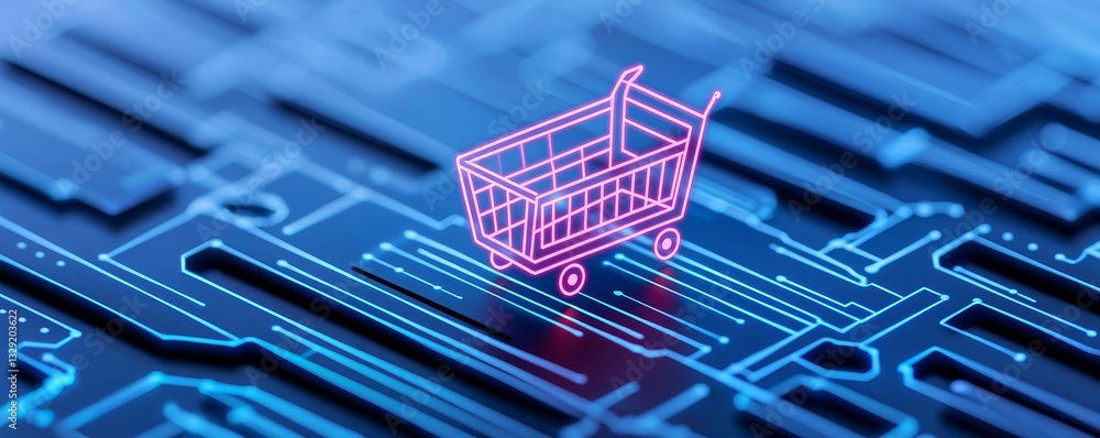 Poster e-commerce and dropshipping concept. digital shopping cart on a tech-themed background representing 