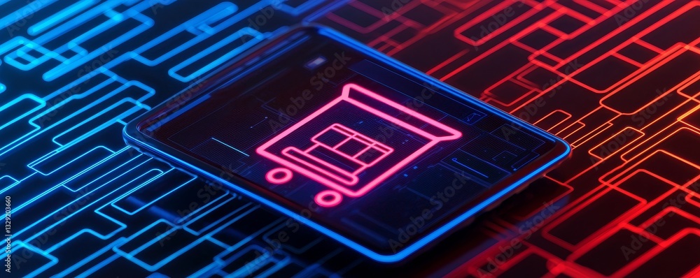 Poster e-commerce and dropshipping concept. digital shopping cart icon surrounded by vibrant blue and red c