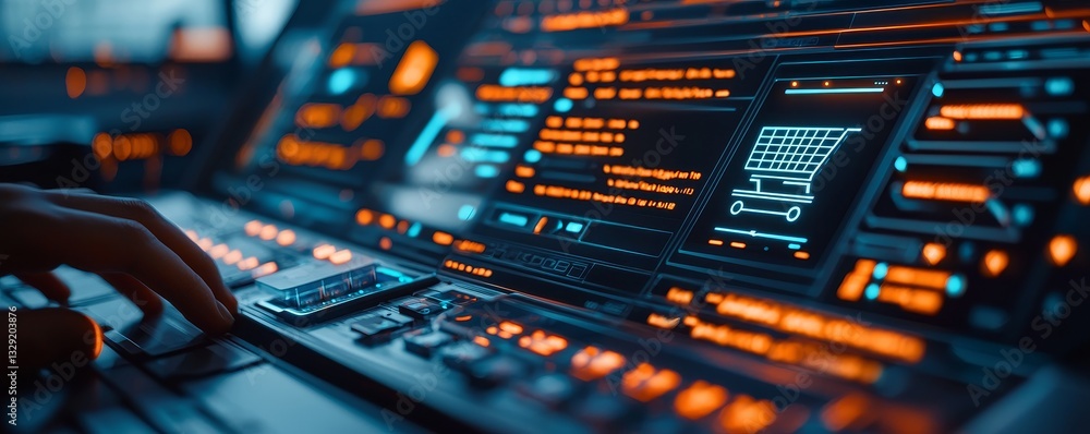 Poster e-commerce and dropshipping concept. high-tech control panel with glowing buttons and screens in a f