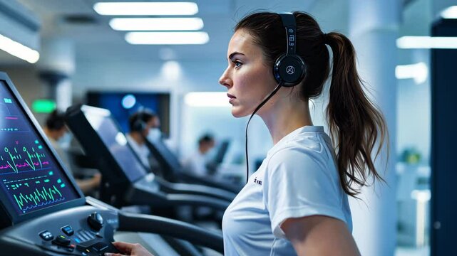 Athlete undergoes a detailed cardiopulmonary evaluation on a treadmill in a high-tech laboratory setting.