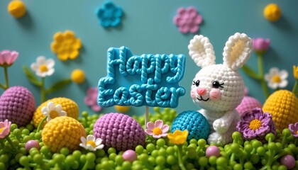 Crochet Happy Easter with Bunny, Eggs, and Flowers on Green