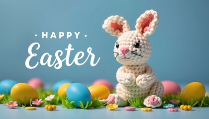 Crochet Easter Bunny with Eggs and Flowers on Blue