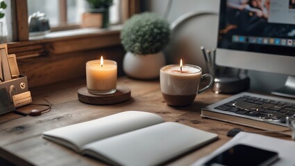 Cozy workspace featuring candles, coffee, and an open notebook during a quiet morning