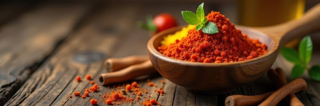 Vibrant spices in wooden bowl, rustic setting, healthy, wood