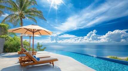 Plakat Fantastic private villa, terrace view with sun beds chairs under umbrella, luxury pool hotel stunning summer pattern. Beautiful spa or wellness, recreational vacation resort tourism. Tranquil sea sky