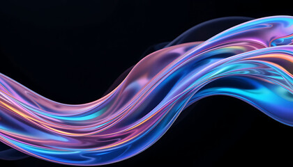 Naklejka premium close up, Abstract fluid 3D render with a black background and holographic, iridescent neon curved wave in motion. illustration