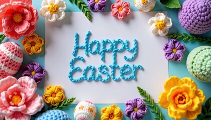 Crochet Happy Easter with Flowers and Eggs on White