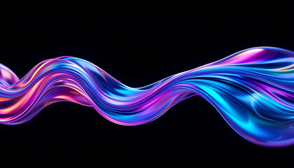 close up, Abstract fluid 3D render with a black background and holographic, iridescent neon curved wave in motion. illustration