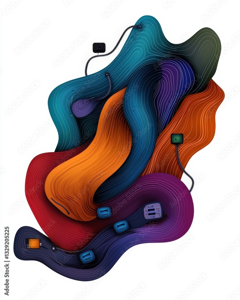 Poster abstract illustration featuring vibrant waves and flowing lines in various colors, creating a dynami