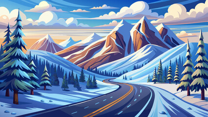 A winding snowy road leads through majestic mountains under a cloudy sky in a serene winter landscape © ehsanollah