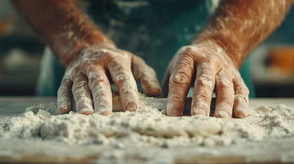 Kneading dough with flour covered hands in rustic bakery setting, showcasing art of bread making and tactile experience of working with ingredients