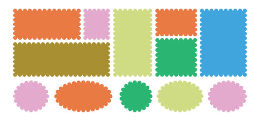 Colorful silhouette scalloped frames. Geometric shapes stickers with zigzag wavy edge. Set of frames with zigzag edge, scallop edge shapes, vector illustration