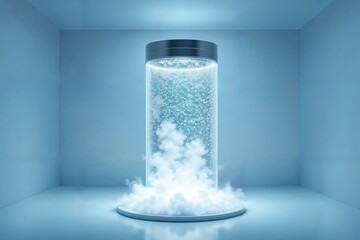 Minimalistisches futuristisches Quantencomputer-Kühlsystem mit metallischem Zylinder, Froststruktur und kryogener Kühlung in kühler, blau-weißer High-Tech-Umgebung .
