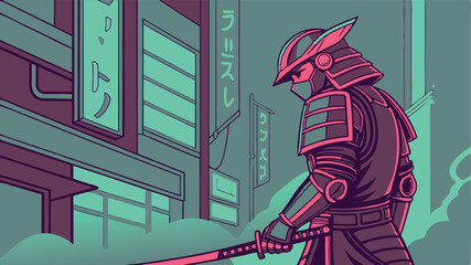 Cyberpunk Samurai Warrior with Futuristic Armor – Sci-Fi Character Vector