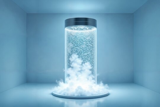 Minimalistisches futuristisches Quantencomputer-K&uuml;hlsystem mit metallischem Zylinder, Froststruktur und kryogener K&uuml;hlung in k&uuml;hler, blau-wei&szlig;er High-Tech-Umgebung .
