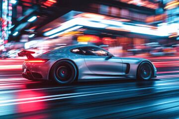 Obraz premium Sleek silver sports car in vibrant city lights at night