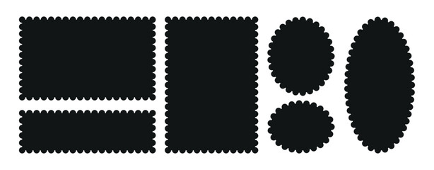 Frames Scalloped Vector Corrugated Bento Grid Shapes Set. Scallop Frame Wavy Retro Stickers Collection. Zig Zag Edge Geometric Borders Tag Boxes. Wiggle Design Background.