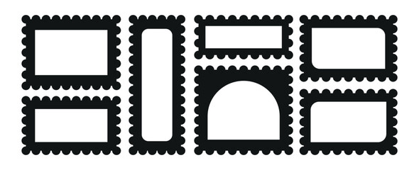 Post stamp frames and borders. Ellipse, rectangle, square template for mail, postcard, letter, note. Jagged wavy edge forms. Vector zigzag objects for badge, sticker,