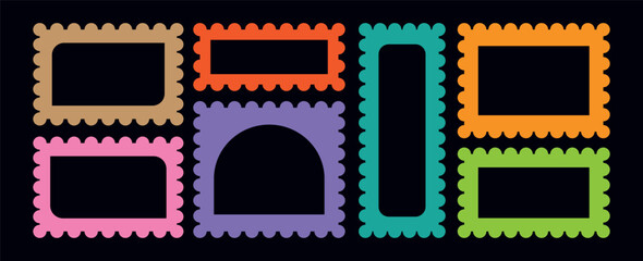 Post stamp frames and borders. Ellipse, rectangle, square template for mail, postcard, letter, note. Jagged wavy edge forms. Vector zigzag objects for badge, sticker,