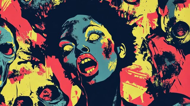 Pop art concept woman in halloween zombie costumes. Colorful background in pop art retro comic style. 2025 Halloween costume party poster background video.