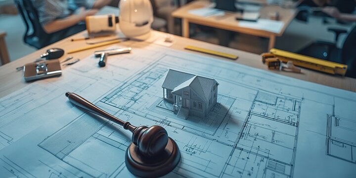 House Construction: Blueprint Review, Model Inspection, and Legal Gavel, Ensuring Accurate and Timely Project Completion.