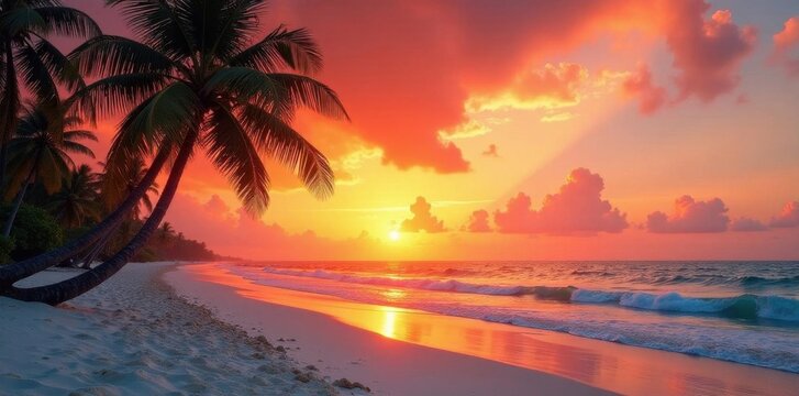 Fiery orange sunset paints sky above palm trees, white sand beach, ocean, sunset