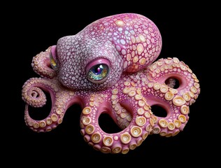 Obraz premium Pink Iridescent Octopus with Detailed Texture on Black Background