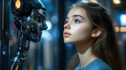 Girl interacts with robot technology exhibition futuristic environment