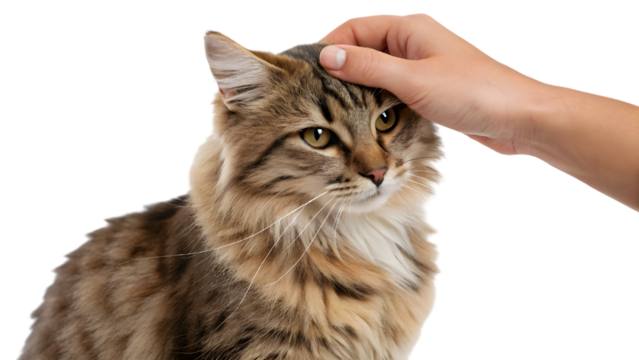 hand pet a cute cat isolated on white