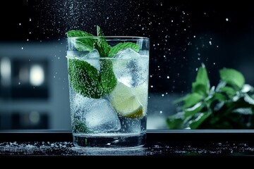 A close-up of a refreshing glass of lemonade with ice cubes and mint leaves, condensation forming on the glass in the summer heat