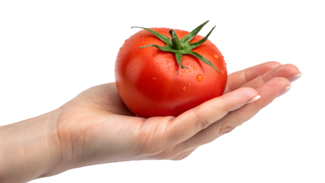 hand holding a tomato isolated on white