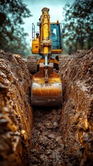 Strong bull standing in a muddy field surrounded by natural landscape with heavy machinery digging nearby