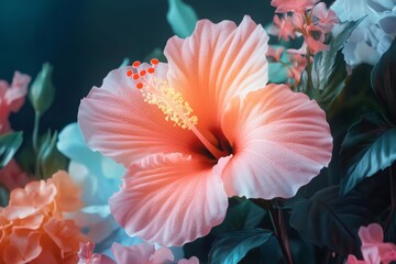 A close-up of a vibrant hibiscus flower, its petals glowing against a backdrop of tropical greenery