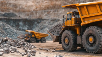 Obraz premium Heavy mining trucks transporting gravel in an open-pit quarry industrial site aerial perspective construction activity