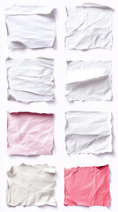 Various crumpled paper textures including white pink and gray sheets