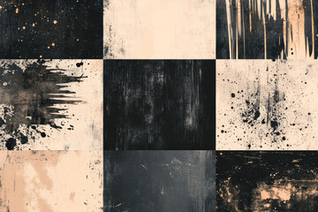 Naklejka premium Abstract grunge texture pattern with black beige squares and artistic splatter elements